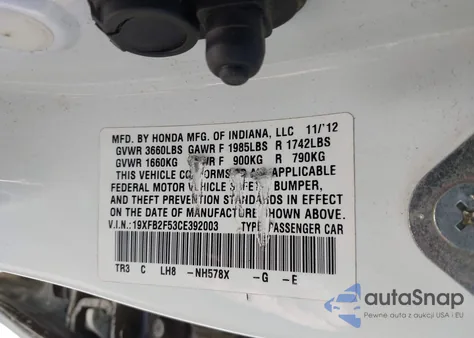 2012 Honda Civic Lx из США, поврежденный, VIN 19XFB2F53CE392003